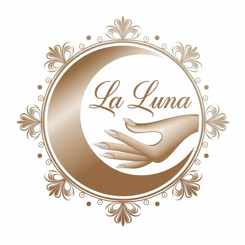 LOGO Design for La Luna Elegant Moon and Womans Hand with Beautiful Nails for Beauty Spa Industry