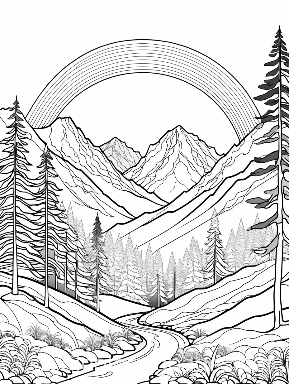 Coloring-Page-of-Mountains-Pine-Trees-and-a-Rainbow