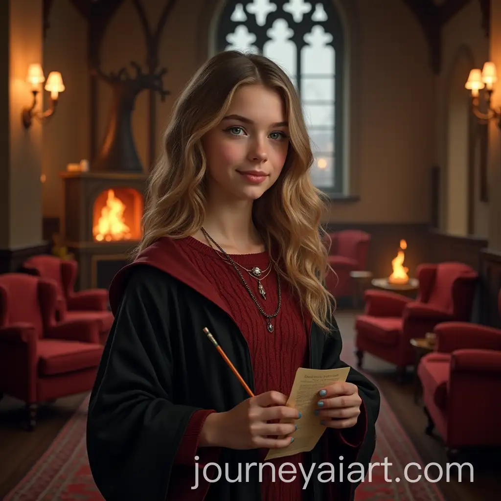 Confident-Gryffindor-Girl-in-Hogwarts-Common-Room-Holding-Quill-and-Letter