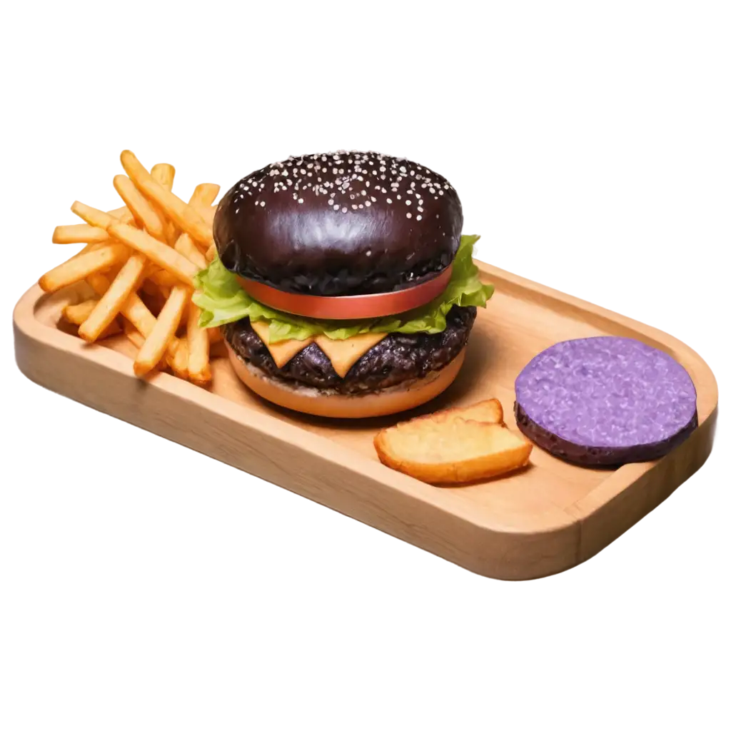 Delicious-Dark-Purple-Burger-on-Wooden-Plate-with-French-Fries-in-Purple-Box-PNG-Image