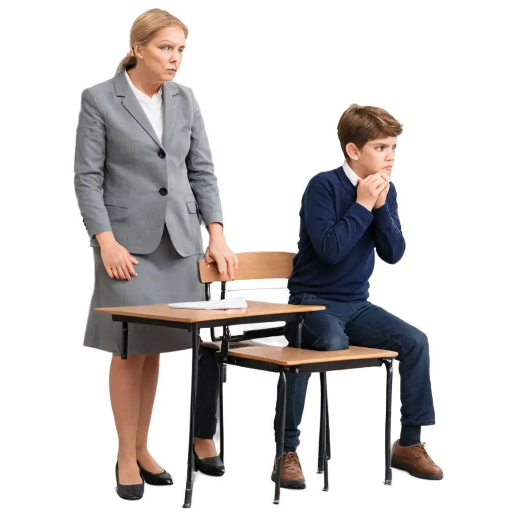 An unhappy schoolboy sitting alone in a classroom with his teacher reprimanding him