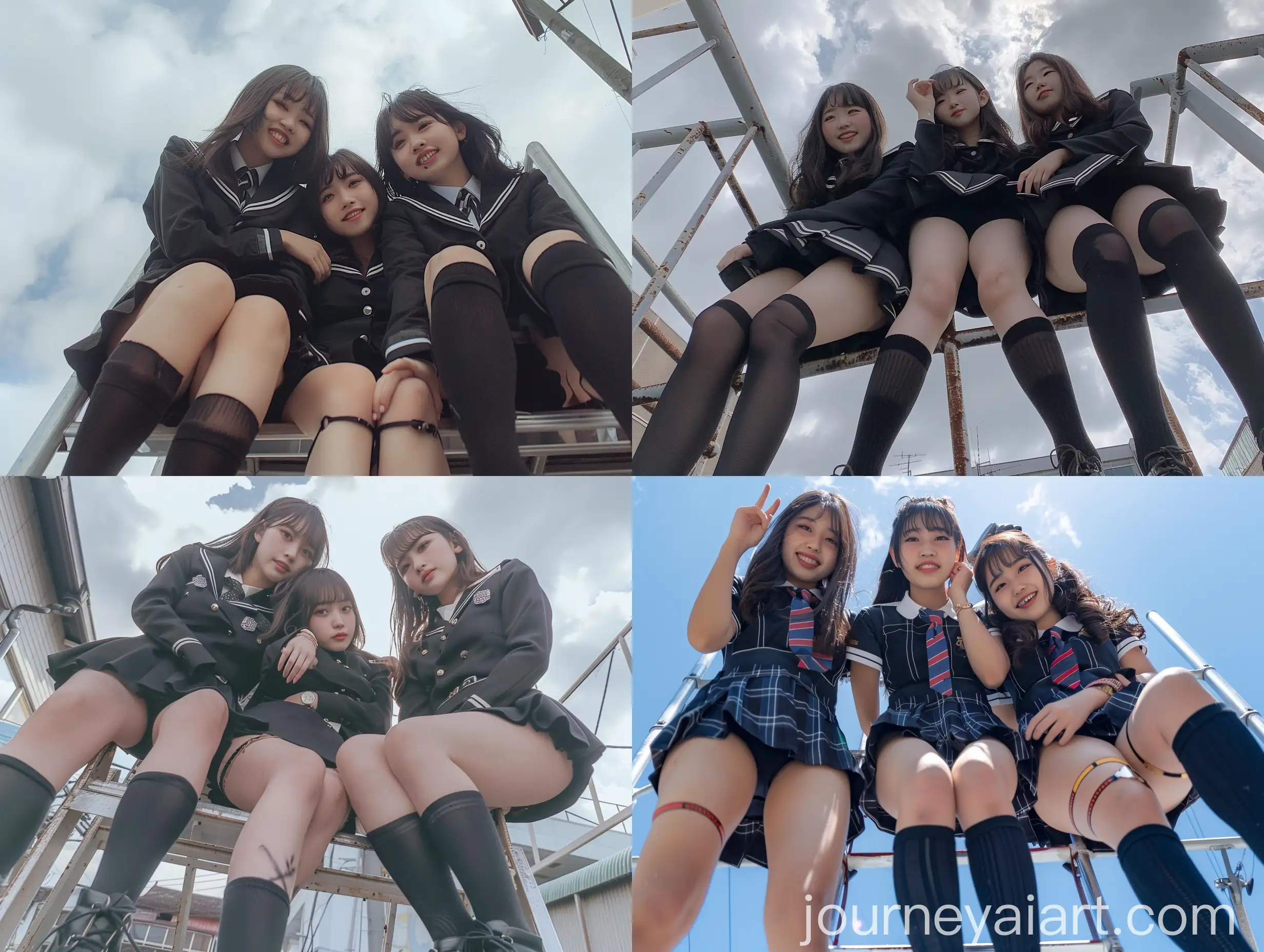 Three-Young-Women-in-Black-Seifuku-Uniforms-Taking-Natural-Selfie-on-Ladder