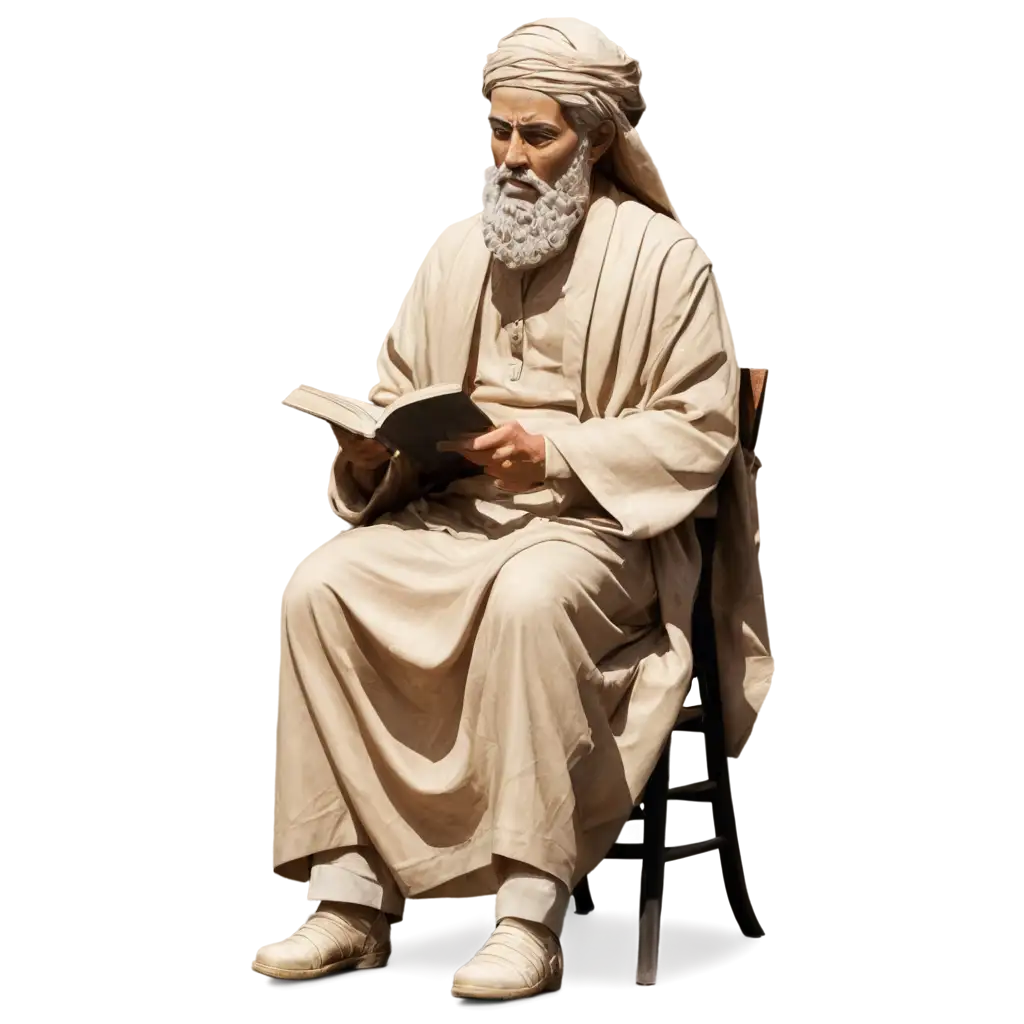 Stoic-Muslim-Scholar-Statue-Sitting-on-a-Chair-Holding-a-Book-PNG-Image-Timeless-Art-Representation-for-Diverse-Applications