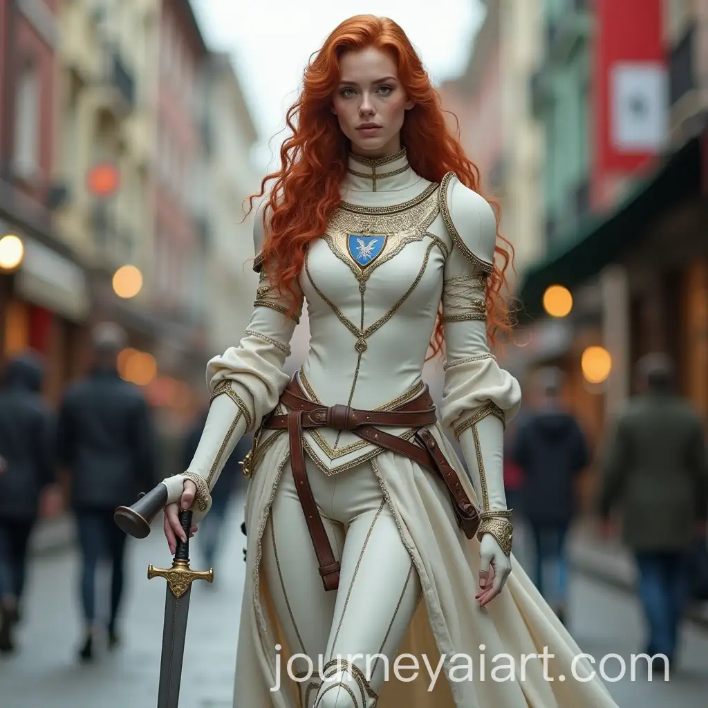 Athletic-HalfElf-Magician-in-White-Armor-with-Heraldic-Sign-on-Busy-City-Street