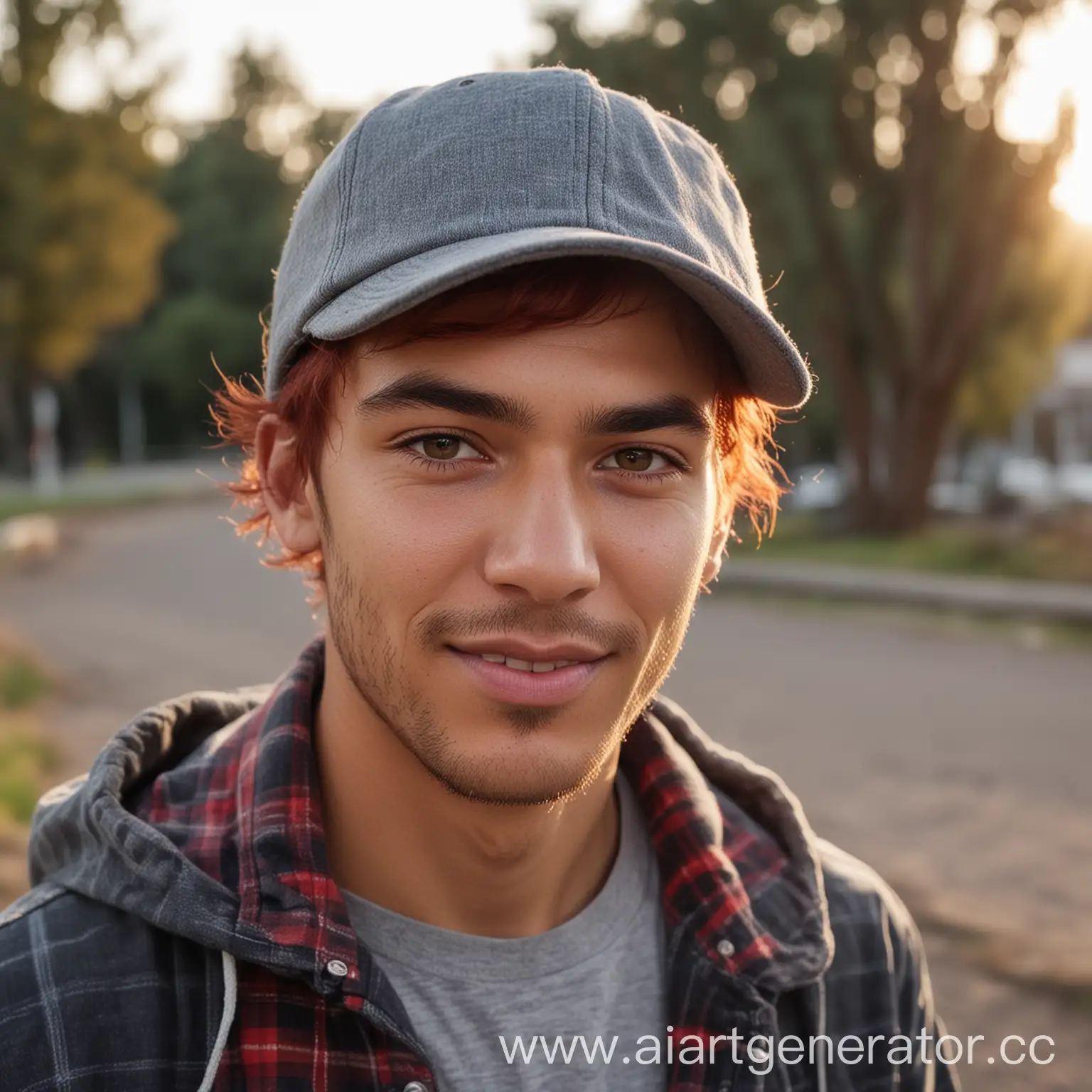 eurasian mixed-race male, messy red hair, grey eyes, wearing a cap and flannel shirt, earphones in, smirking, park background, twilight, close up