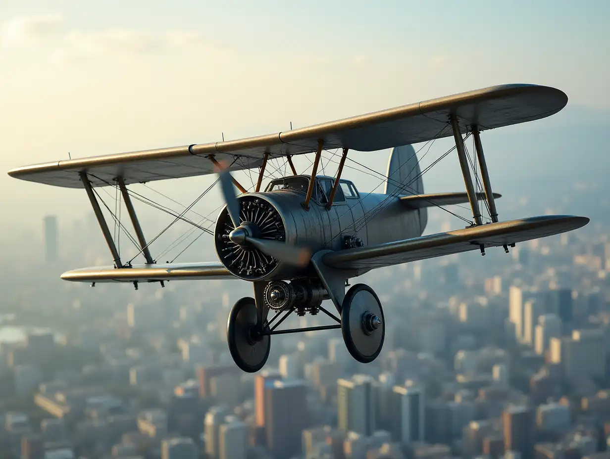 A detailed modern air machine with propeller gears steam driven. Flight over a city premium picture