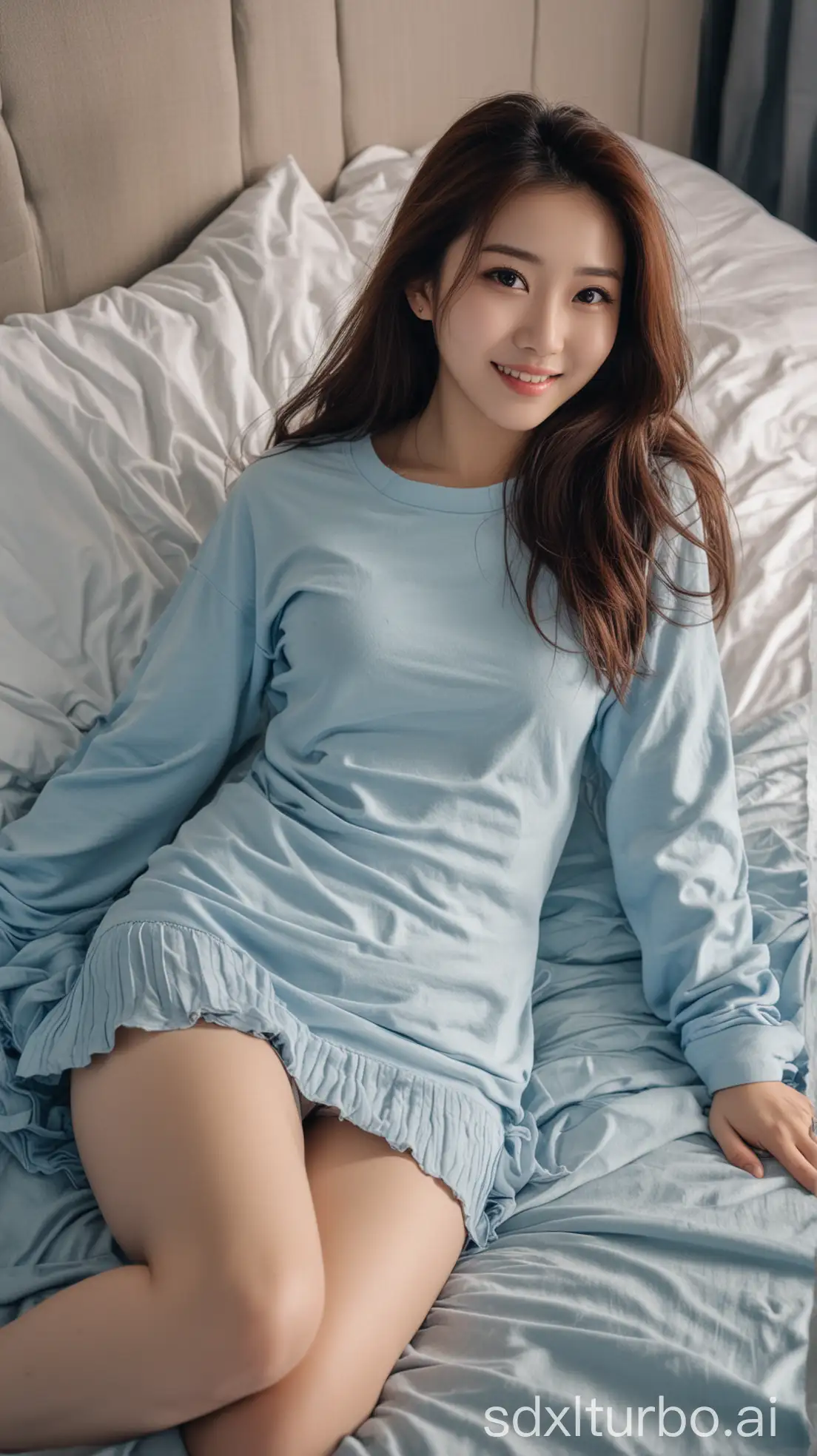 Chinese-Woman-with-Brown-Hair-and-Sweet-Smile-on-Winter-Night-Lying-on-Bed-in-Light-Blue-Outfit