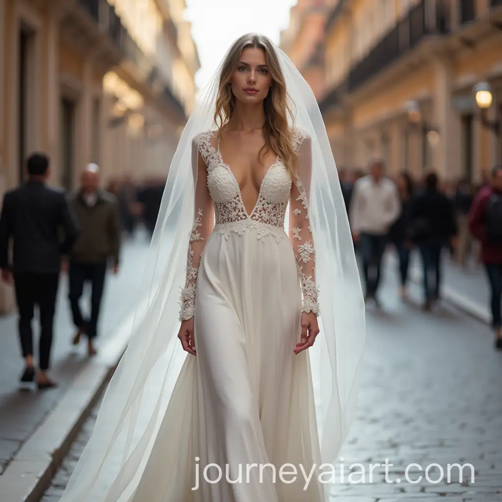 Bride-in-Wedding-Dress-with-Organza-Sleeves-and-Lace-Veil-Walking-Through-Rome-Streets