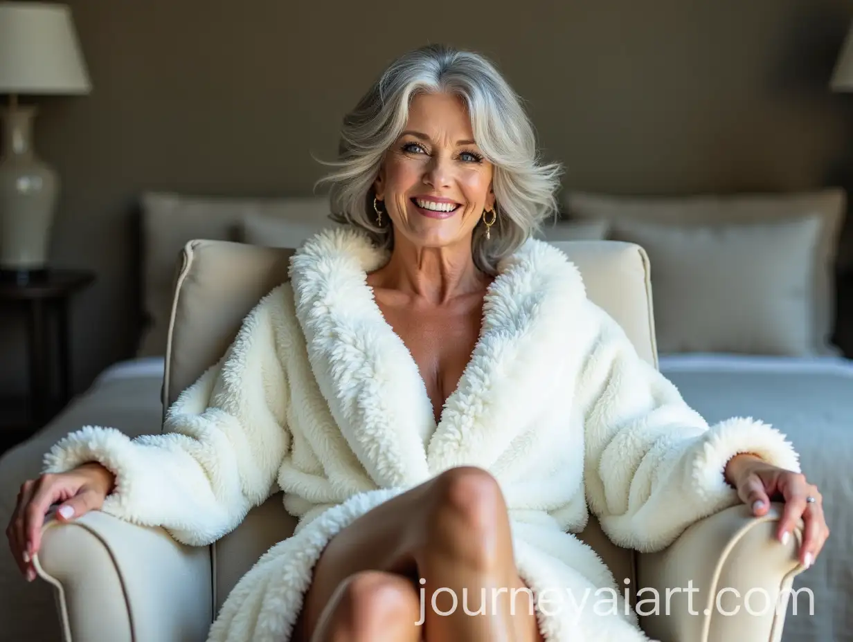 Elegant-MiddleAged-Woman-Laughing-in-Fluffy-Robe-with-Blue-Eyes