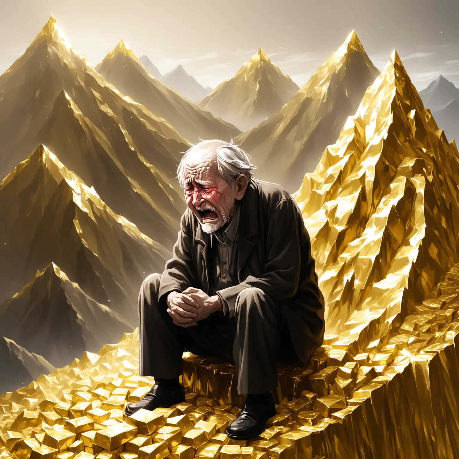 an old man sits on a gold mountain and cries