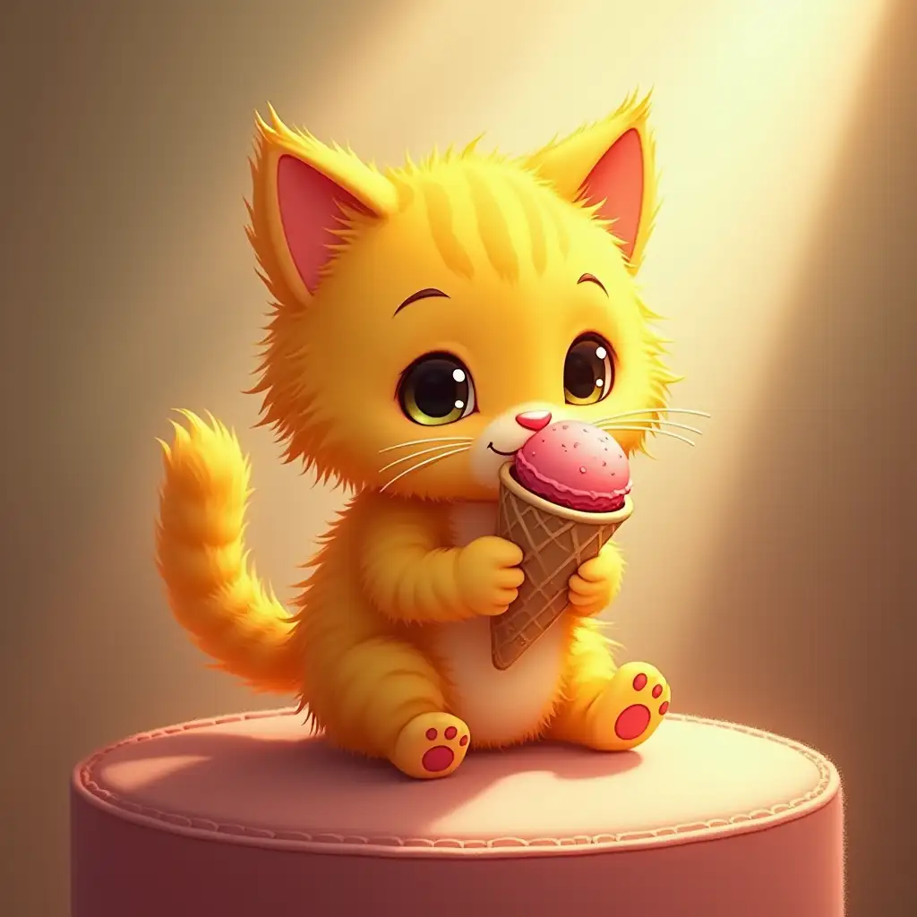 The piercing light fell on a cute yellow cat covered with bright cartoon fur. He was sitting on a comfortable ottoman and enjoying an ice cream. The charming features of his face expressed delight in taste, and the detailing of his ears and paws created the illusion of his real presence. Every movement of the cat resembled a picturesque work of art, filled with bright colors and warm shades.