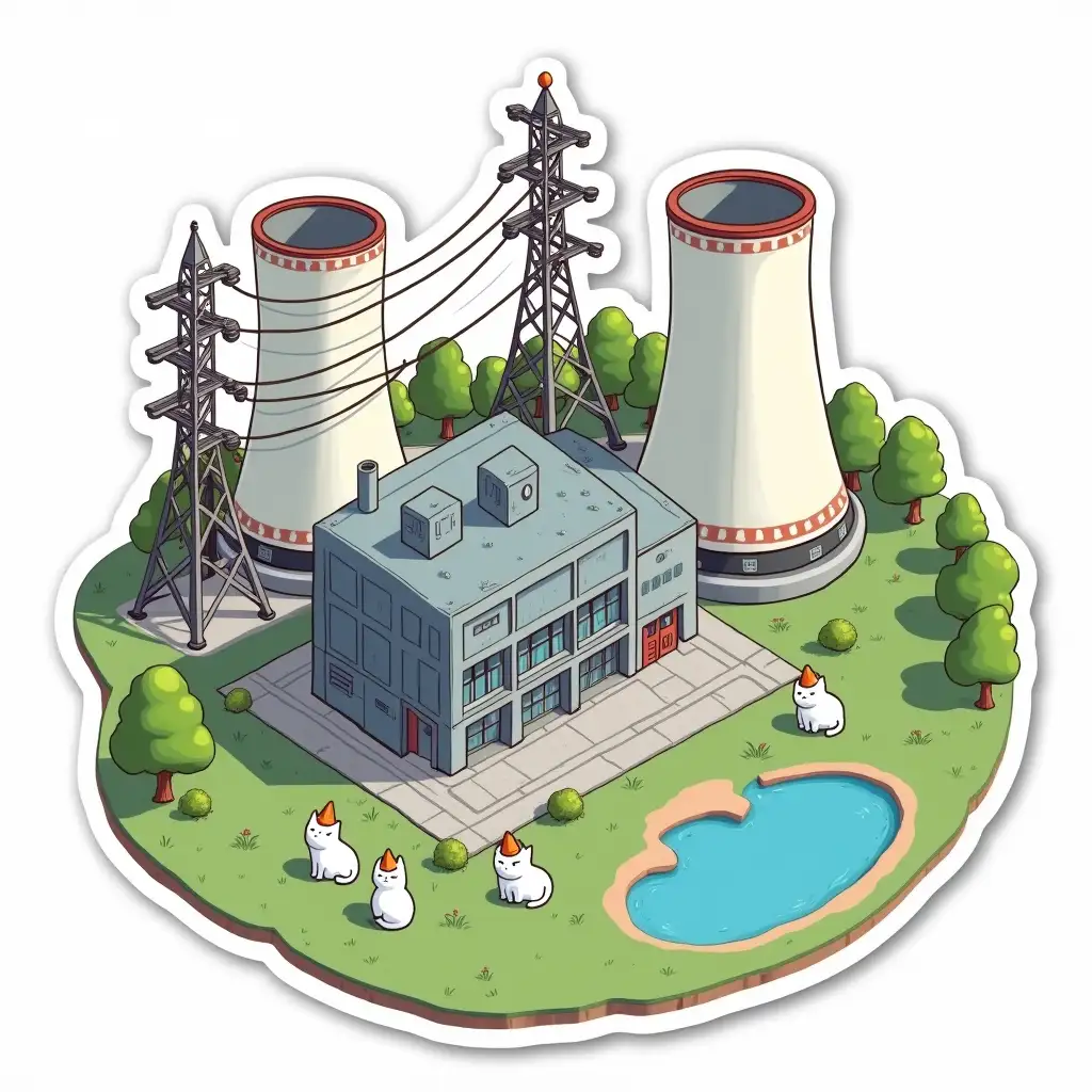 kawaii cats in nuclear power plant, two cooling towers and pond, a miniature in isometry of Russian nuclear power units reactor of PWR type with a high-voltage electrical line and small electricians in the form of white cats in hard hats,  Sticker design - top view, high resolution, vector graphics, white background, anime-style coloring