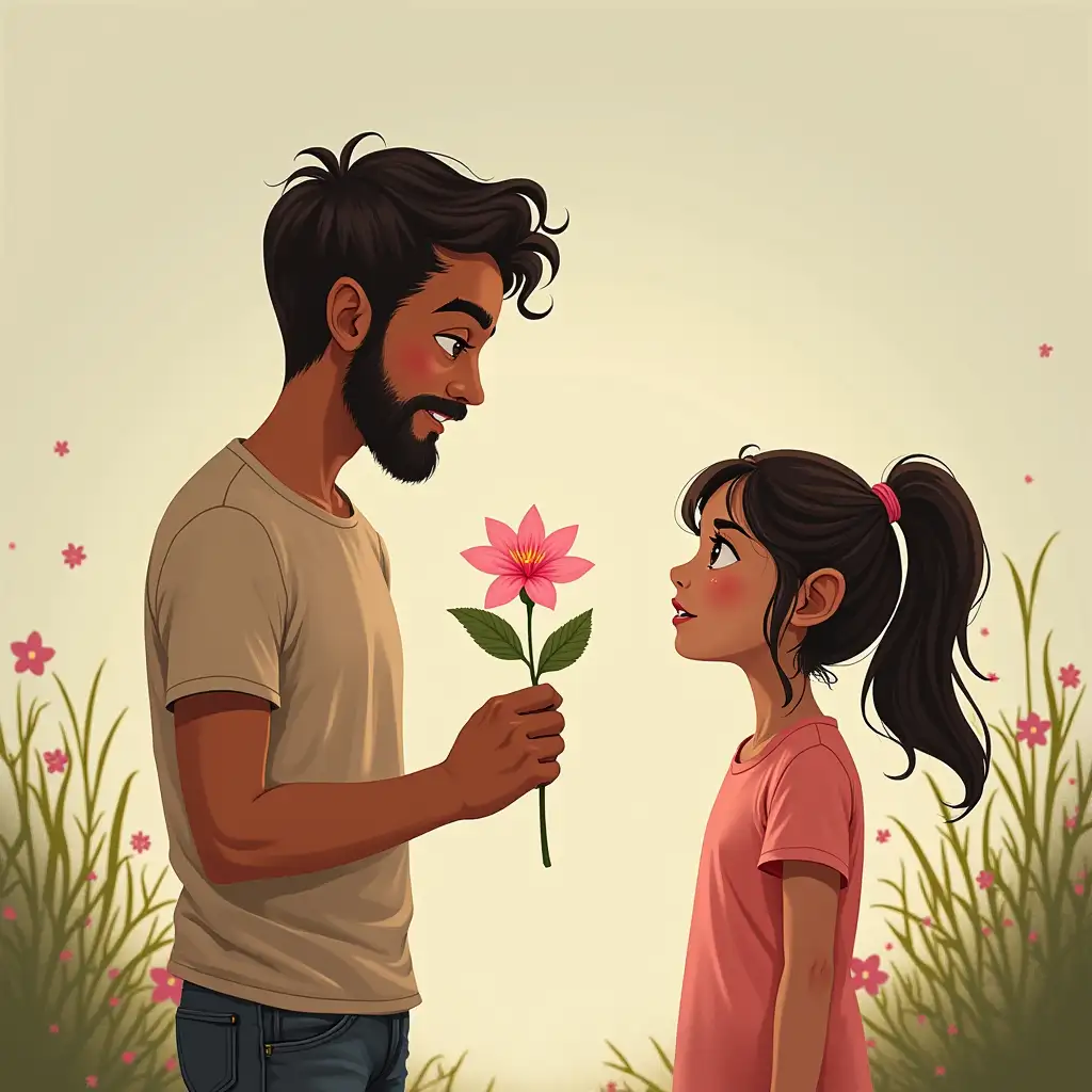 A man named Den with a pink flower in his hand giving it to a girl named Tchoune.