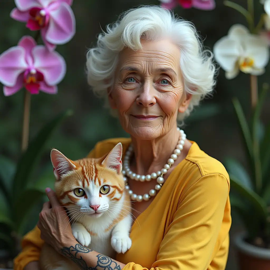 Create an image of a woman aged 80, white hair, blue eyes, yellow blouse, holding a cat with a white pearl necklace and elaborate tattoo in front of an orchid garden with photo-realistic attention to detail in parts and lighting.