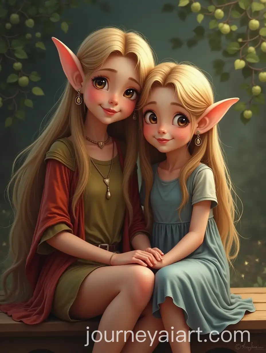 Elf-Woman-and-Daughter-Smiling-Together-Sitting-with-Long-Straight-Hair