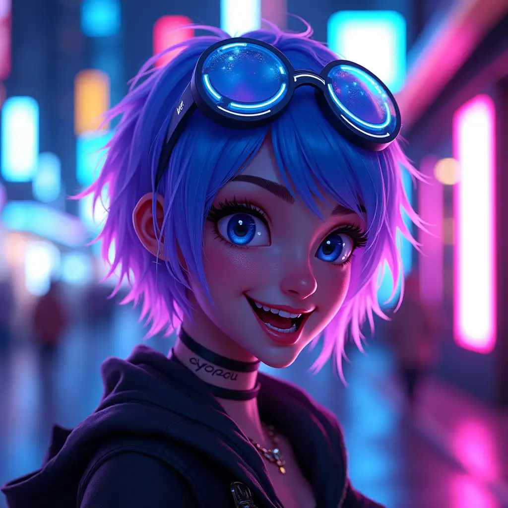 Create a vibrant, eye-catching avatar featuring a futuristic, neon-themed character. The character should have bright, glowing elements like neon blue or purple hair, with holographic glasses or a visor. The background should be a dark cityscape illuminated by neon lights, giving a cyberpunk vibe. The facial expression should be confident and playful, capturing a trendy, high-energy personality.