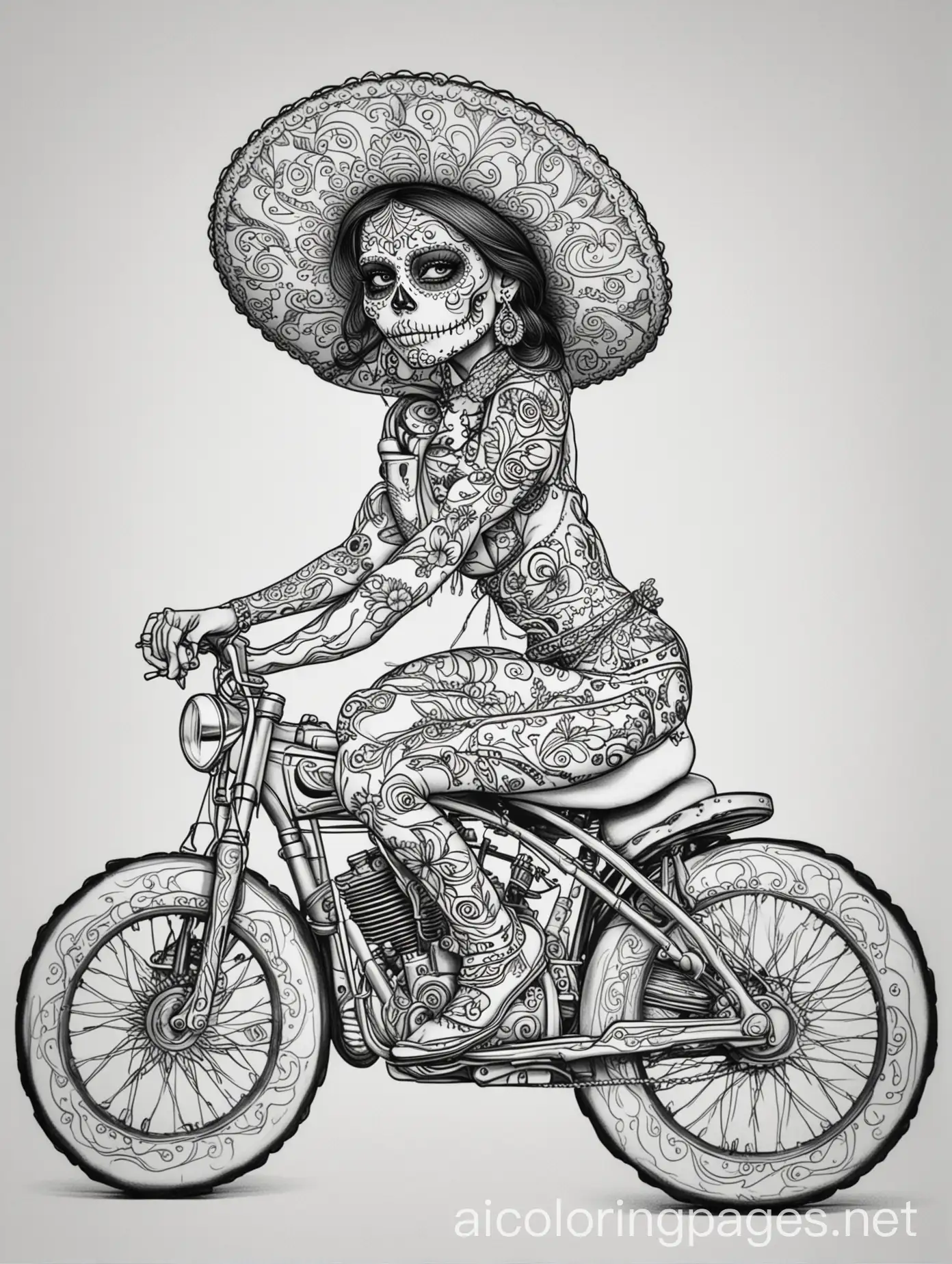 Sugar skull woman on a low rider, Coloring Page, black and white, line art, white background, Simplicity, Ample White Space. The background of the coloring page is plain white to make it easy for young children to color within the lines. The outlines of all the subjects are easy to distinguish, making it simple for kids to color without too much difficulty