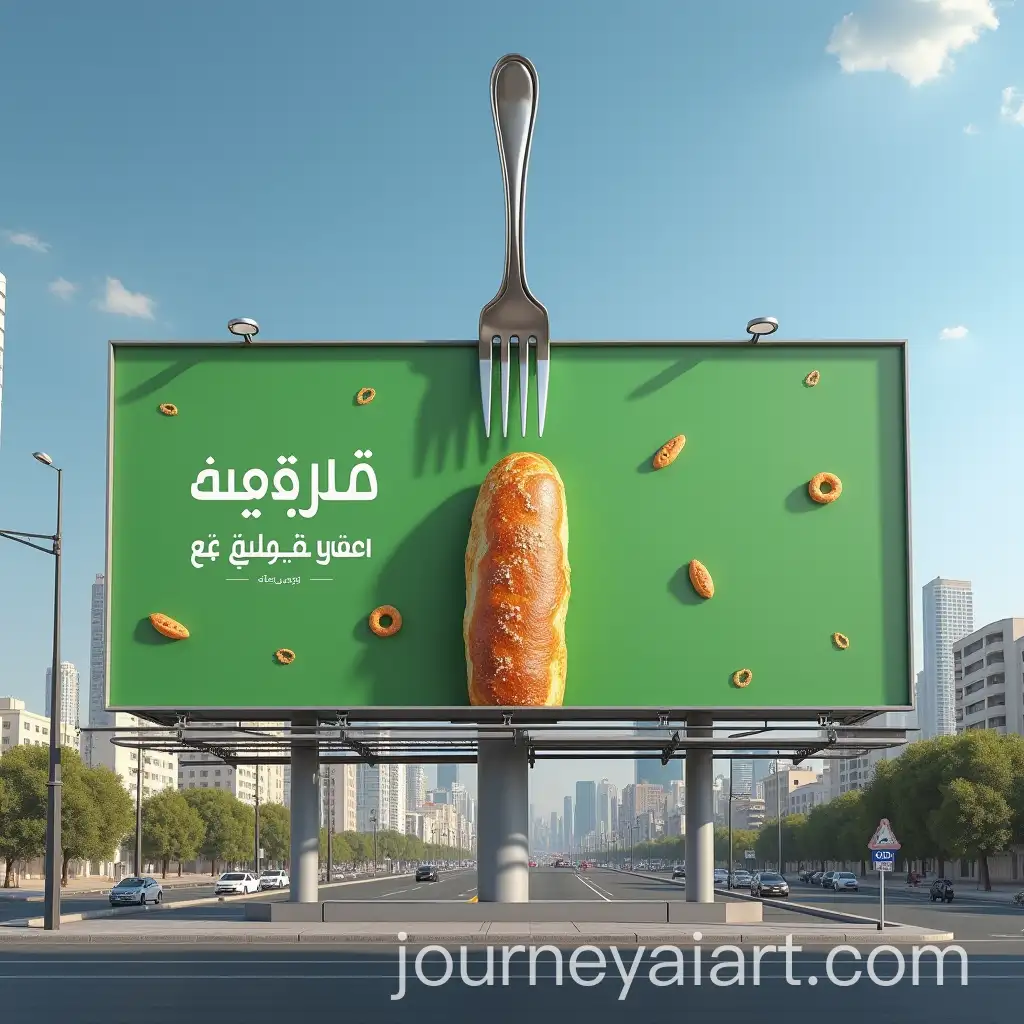 Giant-Silver-Fork-Skewering-GlutenFree-Bread-Roll-on-Modern-Middle-Eastern-Billboard