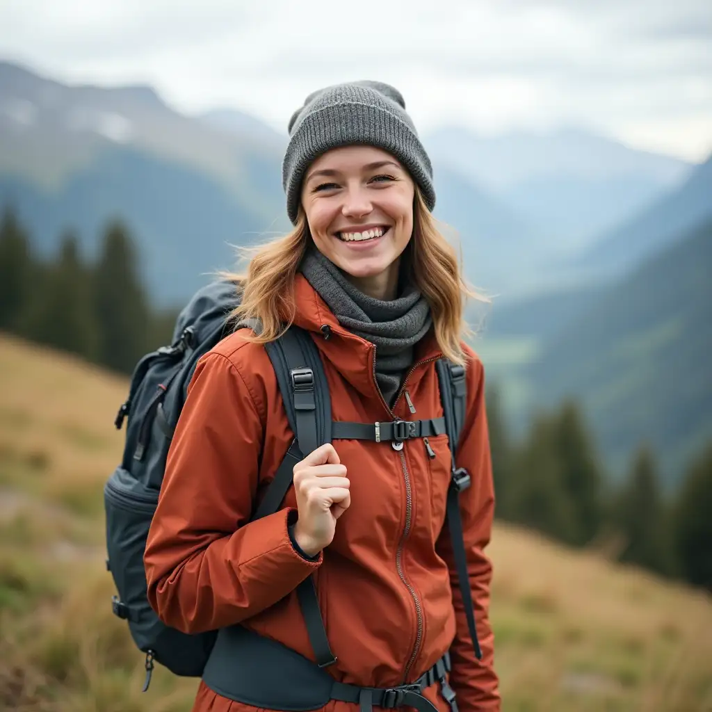 stylish young woman travels with a backpack with a pouch joyful in the mountains in Sochi