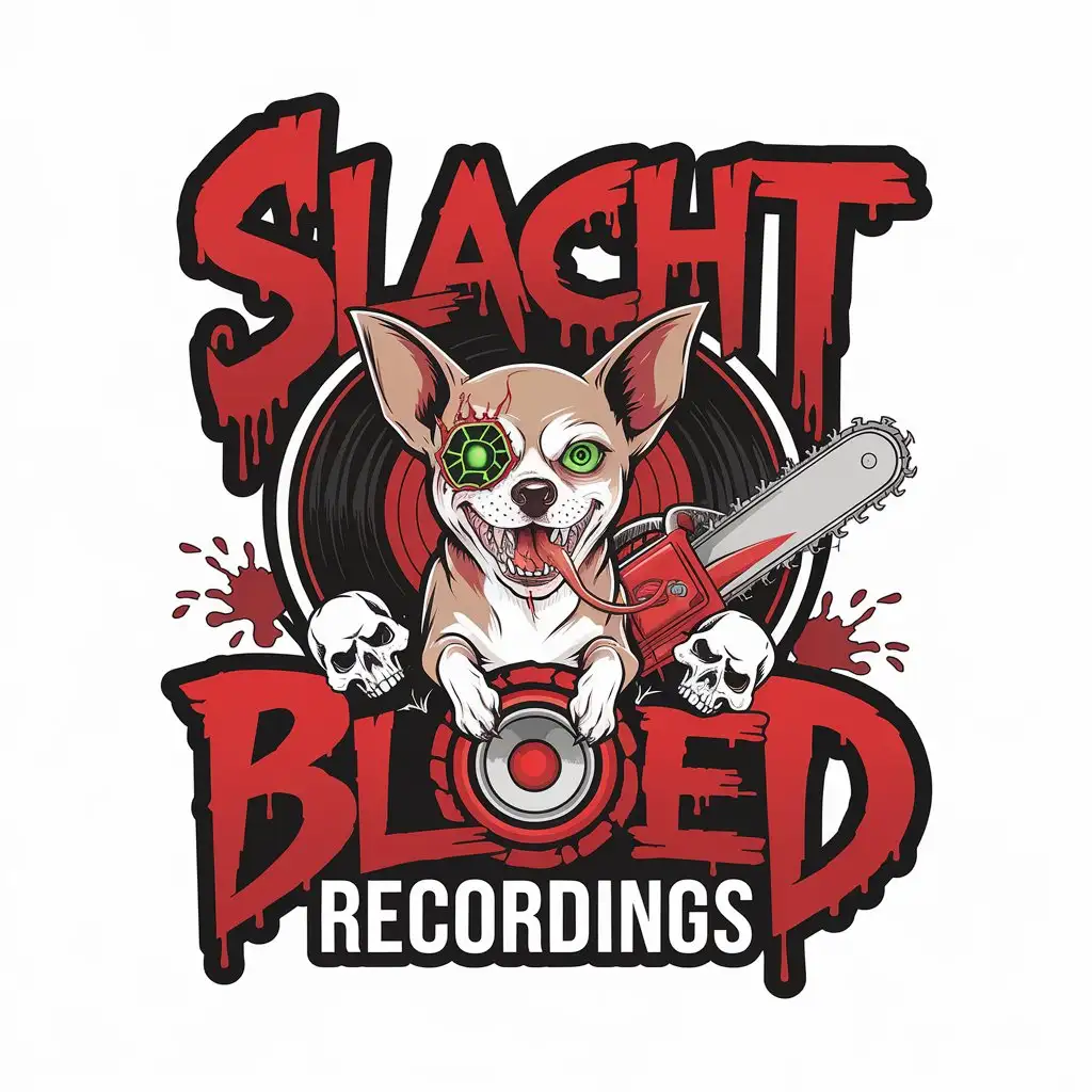 LOGO Design for Slacht Bloed Recordings Aggressive Chihuahua with Chainsaw Blood and Cyber Elements