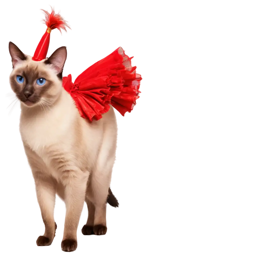 A cute Siamese cat dressed as a flamenco dancer, with a red ruffled dress, PNG format, transparent background