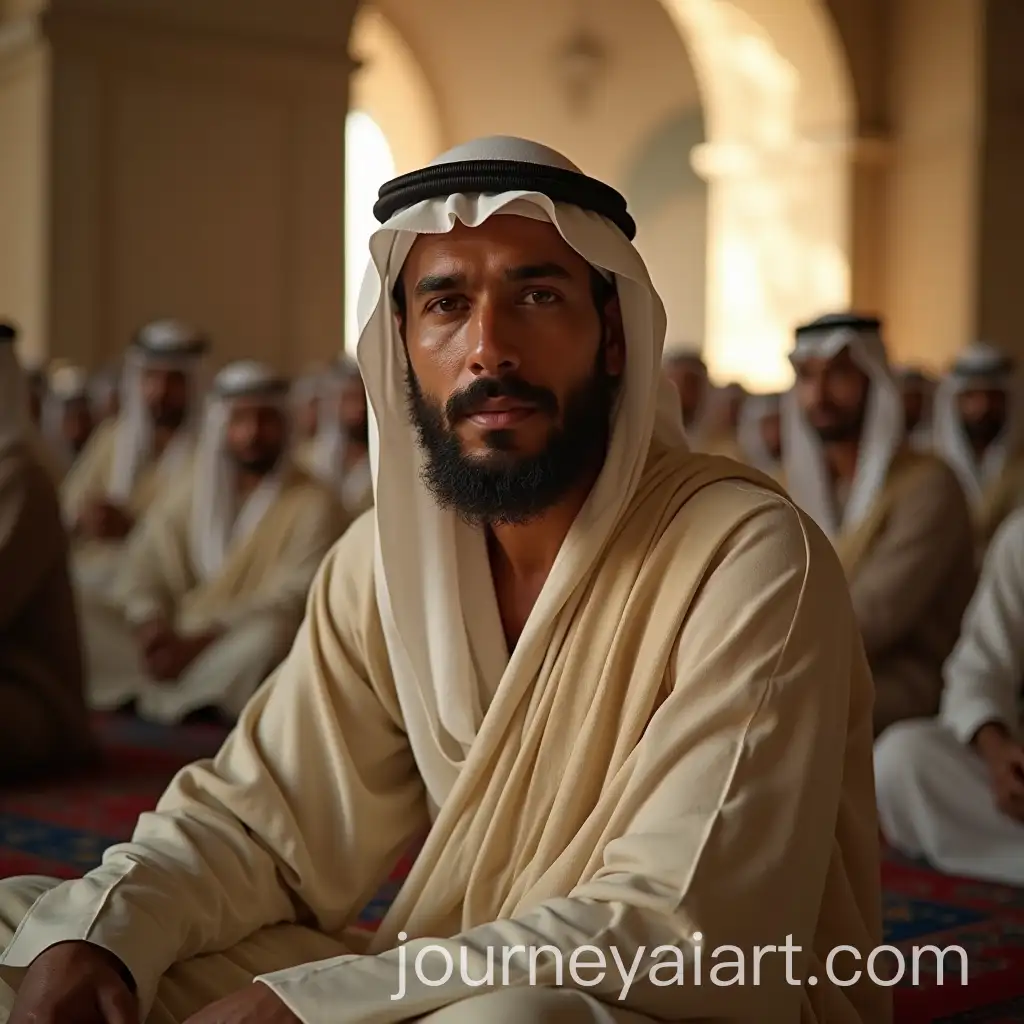 Noble-Middle-EasternAI-Art-Prompt-Expansion-Man-Seated-in-Ancient-Mosque-with-Followers-and-Sunlight