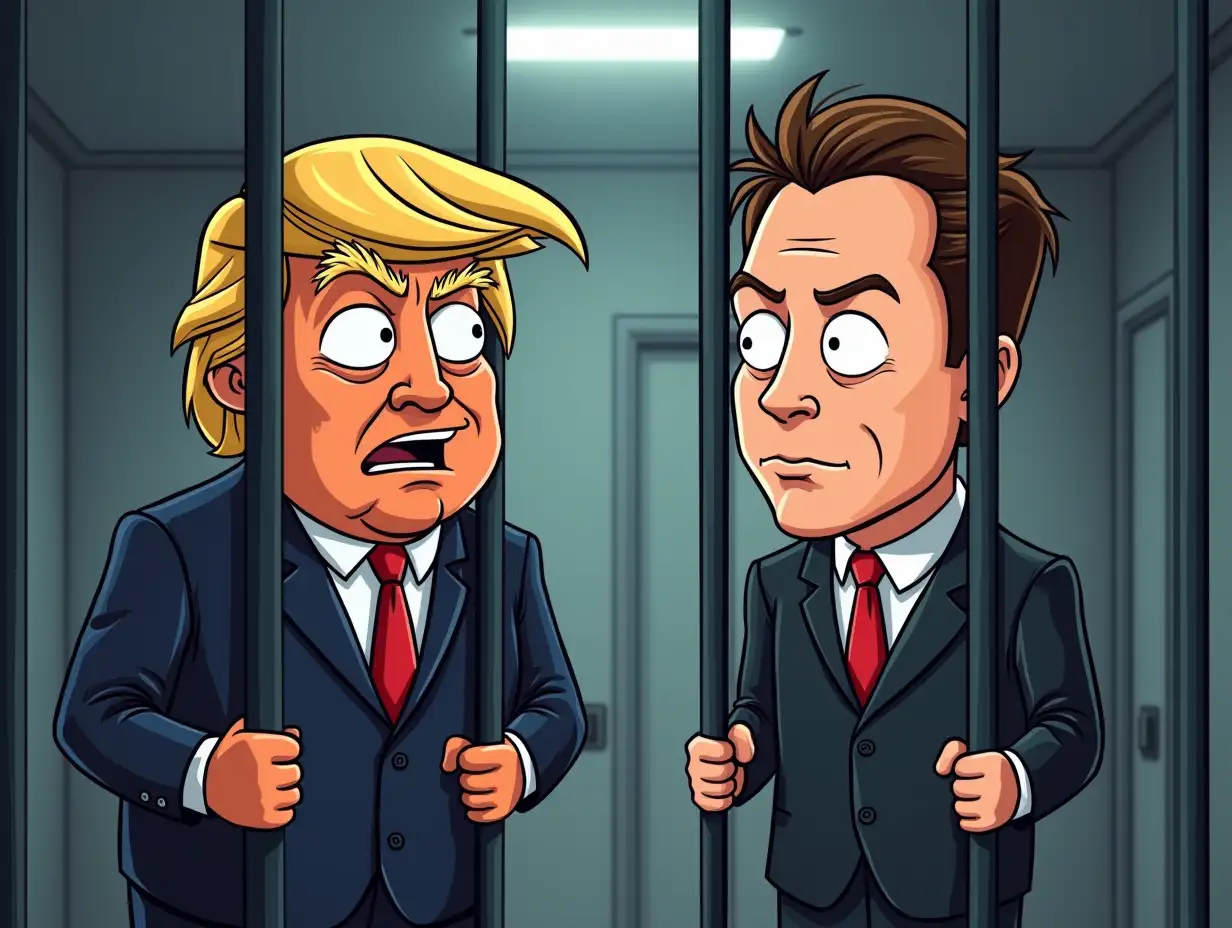 Cartoon donald trump and elon musk behind bars in jail