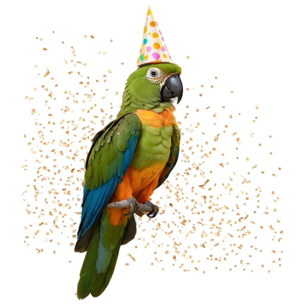 Cinematic-Green-Parrot-with-Party-Hat-PNG-Image-Festive-and-Playful-Bird-on-Orange-Background-with-Confetti