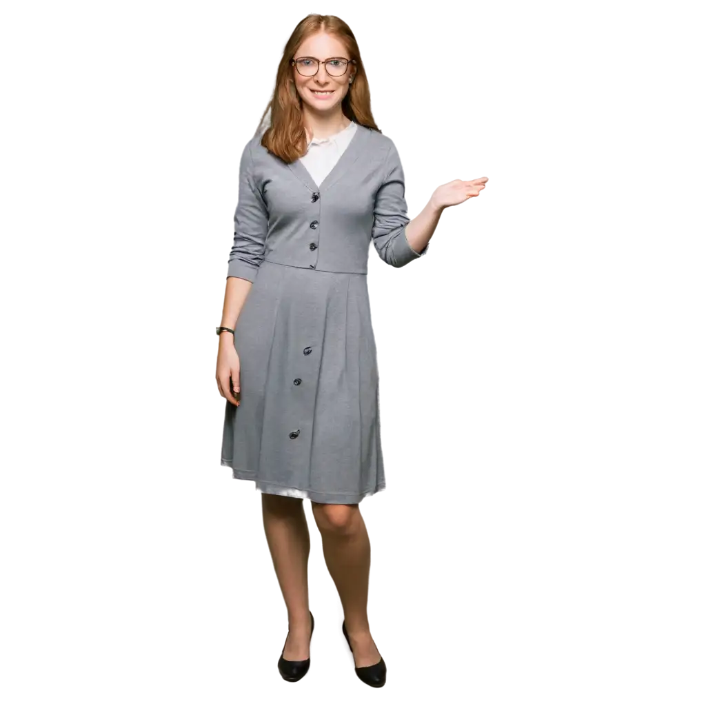 Ginger hair well rounded white woman teacher wearing glasses in an old school dress