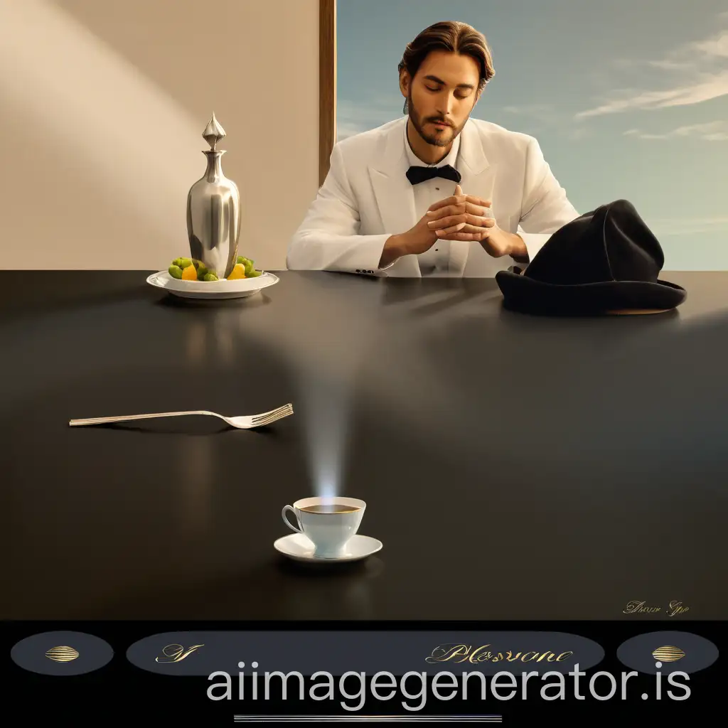Create an illustration featuring a servant figure in a tuxedo, holding a tray with a bottle in a formal pose. The servant stands patiently with his head bowed slightly in a state of respectful waiting. In the background, a divine, ethereal presence symbolizing Jesus, with light radiating around him, stands. The servant appears ready to serve, yet waits for direction with an air of reverence and anticipation. The scene should convey a sense of devotion, humility, and eagerness to serve, while also evoking a feeling of peace and grace. The colors should focus on soft blues and golds to represent divinity and purity, with a subtle, warm glow highlighting the servant and the presence of Jesus. The composition should emphasize the contrast between the servant’s readiness and the heavenly patience of the divine