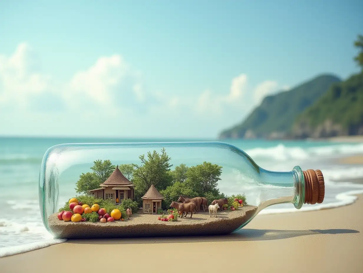 In a beautiful beach with big waves there is a large glass bottle, inside it is a small village, with very many tiny people, with fruit plantation, carriage, horses, pigs, quite big-real photo, triple exposure, basic idea of something beautiful picture