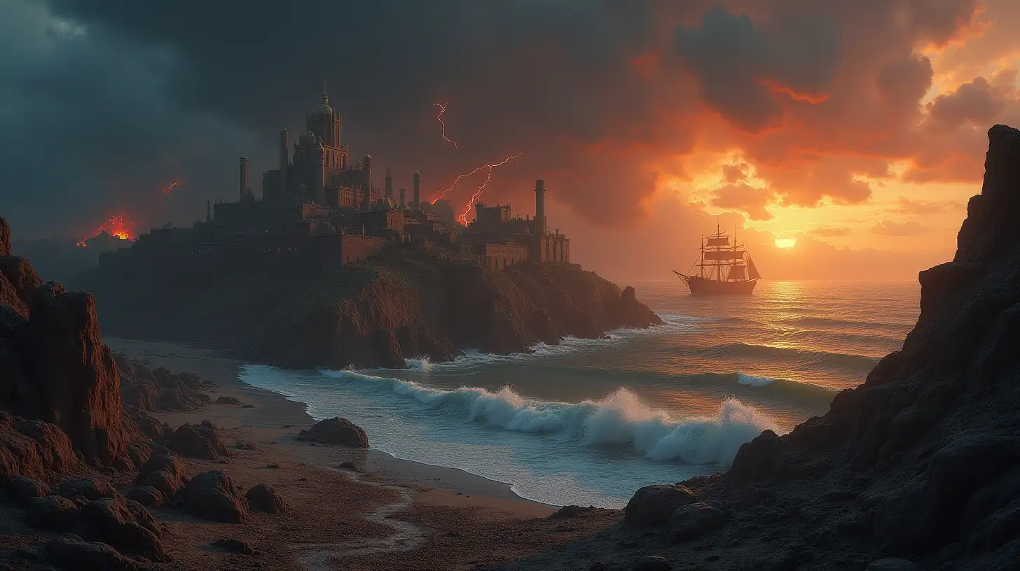 Desolate Biblical City Under Stormy Skies with Fire and Shipwrecks