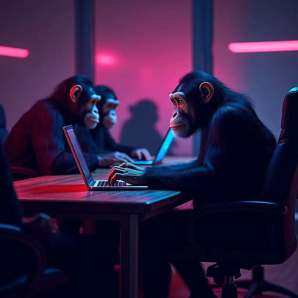 Cyberpunk-Chimp-Teacher-and-Students-with-Laptops-in-Pink-and-Blue-Tones