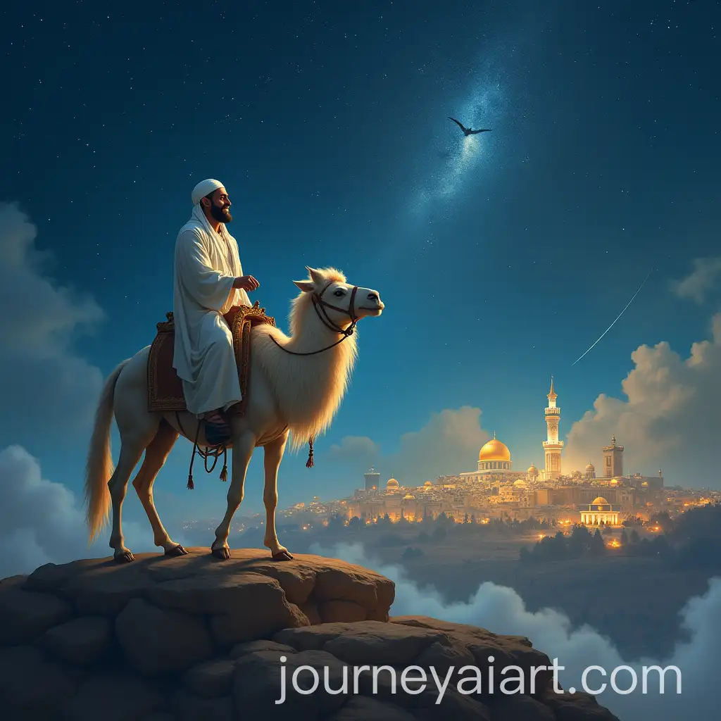 Prophet-Muhammads-Isra-Miraj-Journey-on-Buraq-with-Masjidil-Haram-and-AlAqsa-in-the-Distance