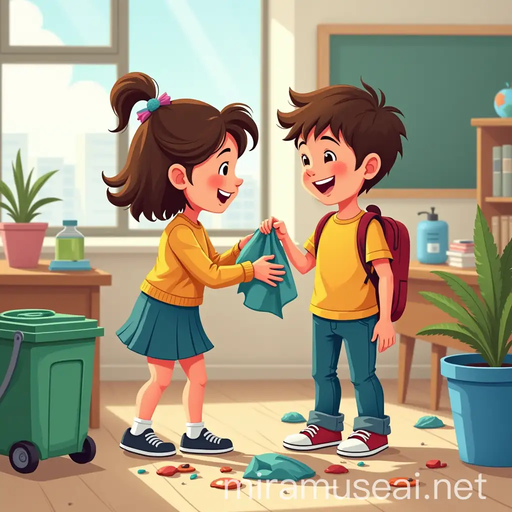 Image of press cartoon style in colors, a girl and a 16-year-old boy picking up trash, in a classroom, they are happy and laughing together