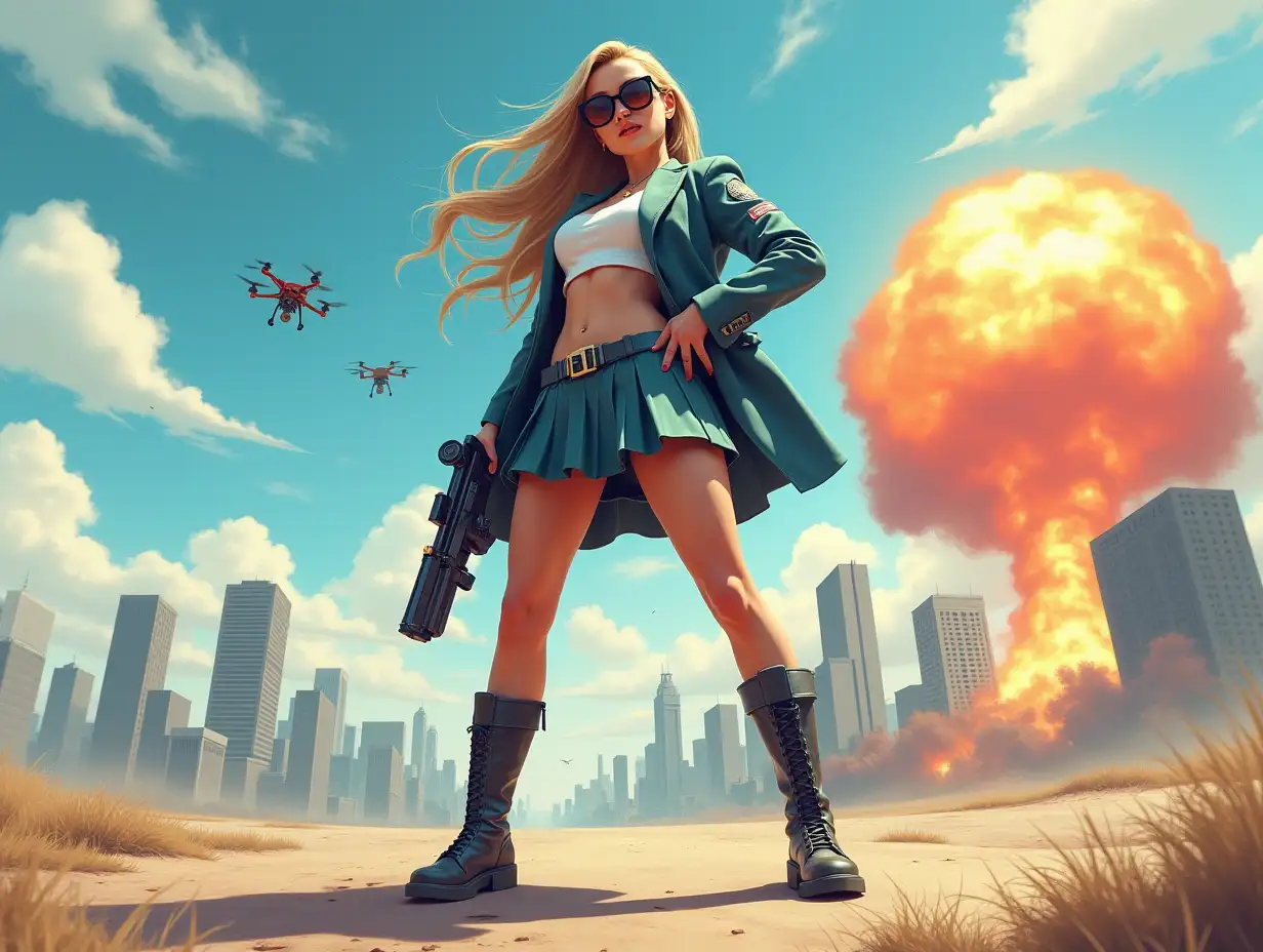 Wide-angle digital painting, (Beautiful woman in stylish school uniform, midriff showing, short skirt, combat boots, and targeting system/sunglasses : 1.3), Triangular composition, Dynamic full-length pose, Confident expression, (Armed mercenary: 1.3), Gun grip, Supporting pose, City background, Skyscrapers in the distance, nuclear explosion in extreme distance, two small targeting drones above, (Bright sunlight: 1.2), Sharp contrasts, Bold colors, Clear details. female mercenary in cool cyberpunk style in colorful fantasy style, realism, post-apocalyptic landscape, cartel, bald rod, oil painting, rod Nostalgia, strong emotions, low angle, high detail, sharp focus