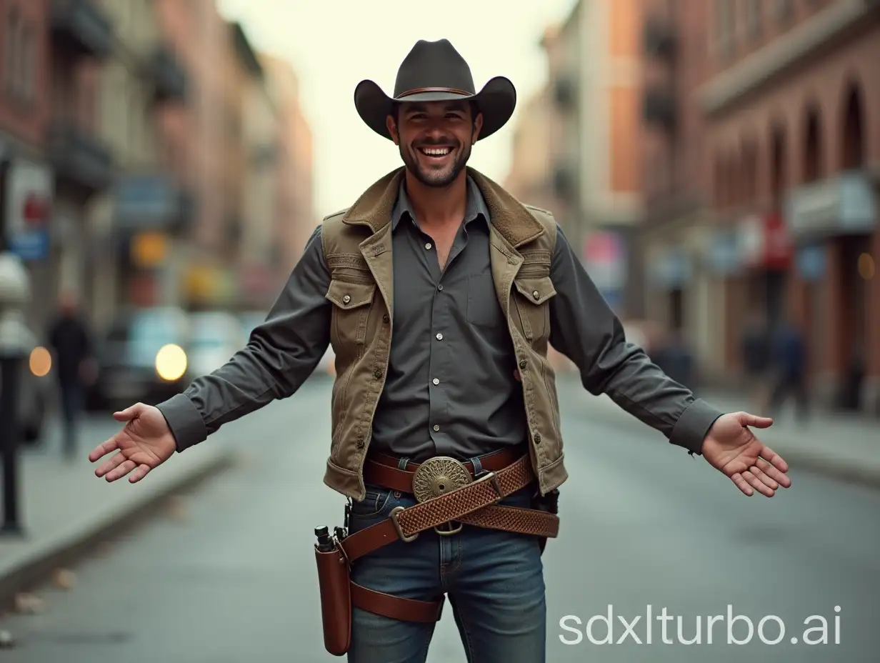 Joyful-Modern-Cowboy-Drops-Weapons-in-Urban-Setting