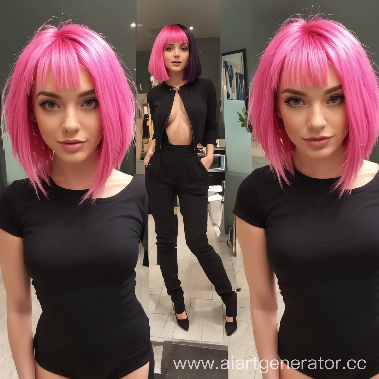 *her bright pink hair styled in a trendy bob. She's wearing a tight black jumpsuit that showcases her toned physique*