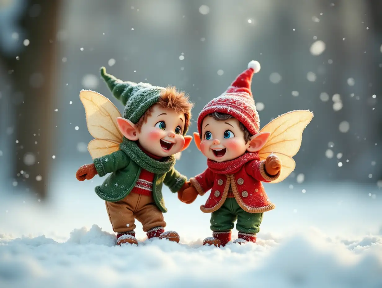 Two happy playful pixies playing in a  snowy outdoors at christmas