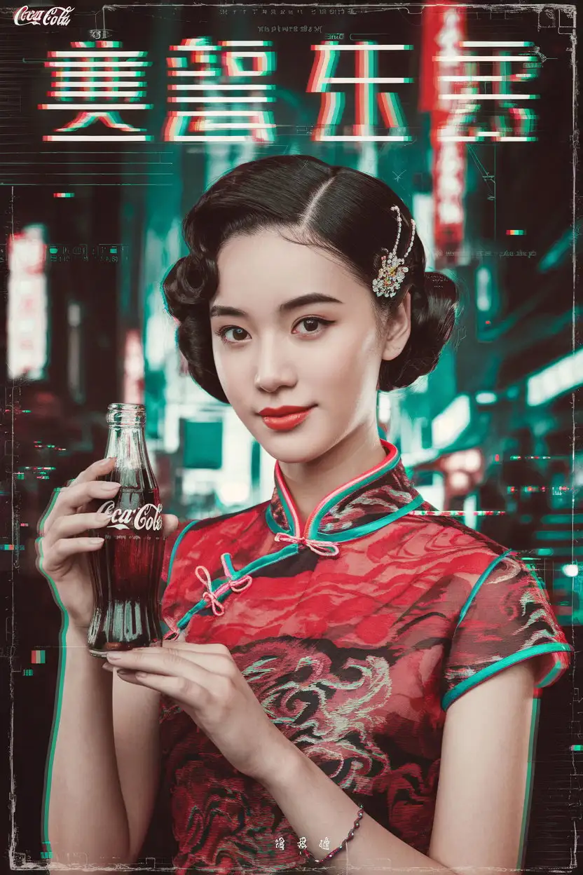 Vintage-Glitch-Art-Chinese-Woman-in-Qipao-with-CocaCola-Bottle