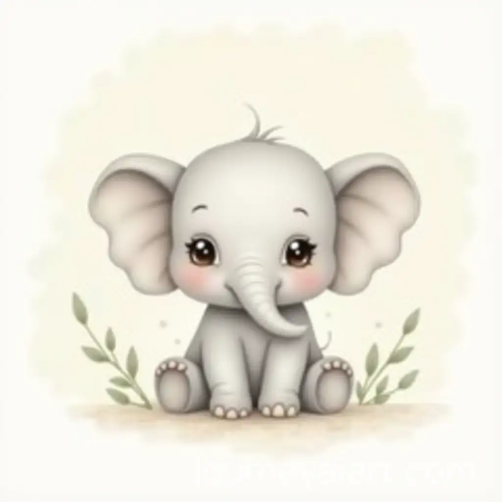 Adorable-Baby-Elephant-in-Soft-Watercolor-Style-with-Minimal-Greenery