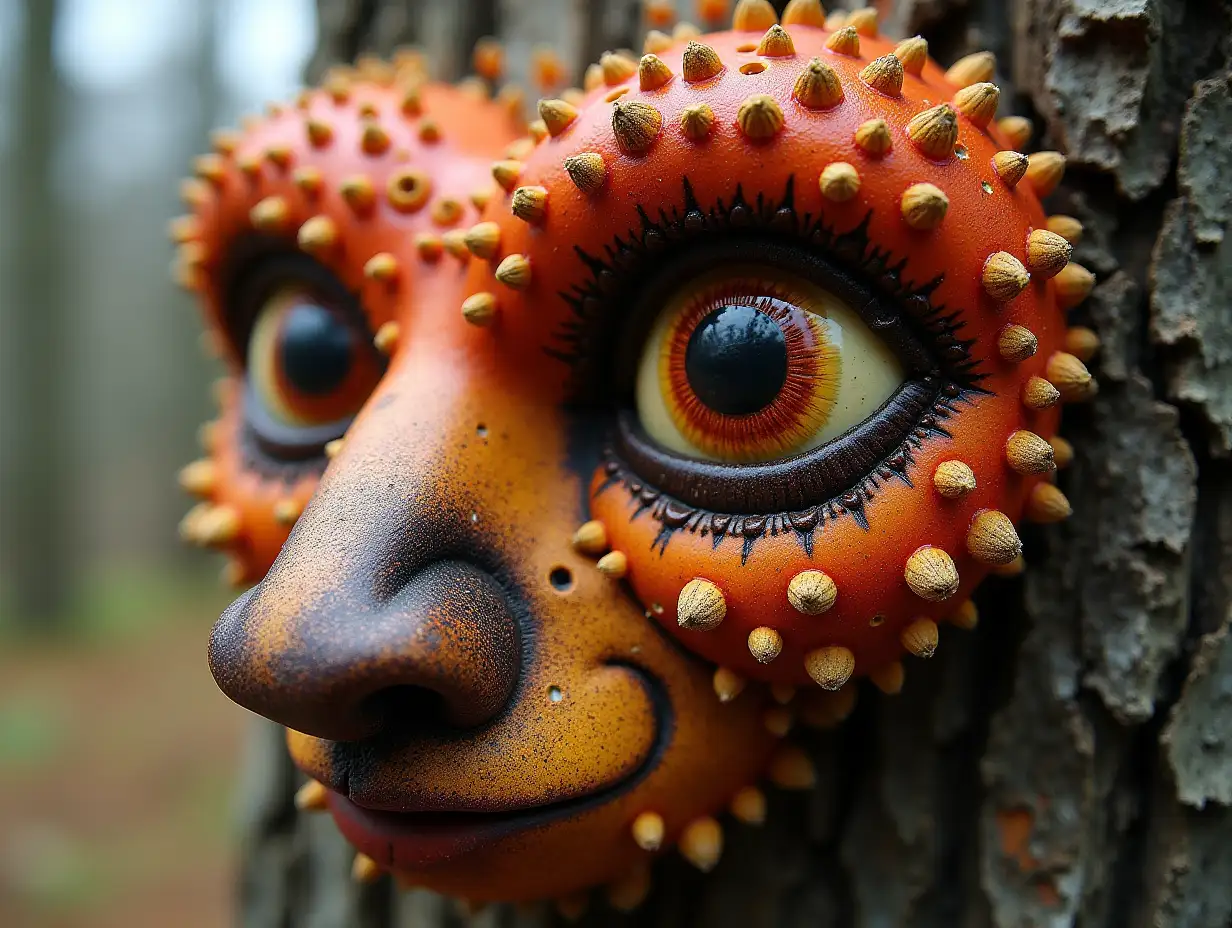 Face with brown Fly AgaricnRoots transformed into building