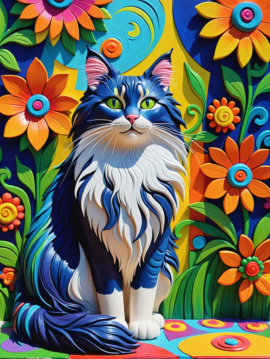 Masterpiece. 3D. Painting art. Acryl on canvas. Relief. Bold brushstrokes. Artistic. Fanciful. Vivid. Saturated vibrant colors. Summer season. A wonderful sunny summer day. Focus a beautiful handsome very well-formed longhaired colored cat in front of an imaginative creatively colorfully patterned background very very far behind. Imaginative colorful summer decoration. Imaginative summery ornament. Imaginative summer flowers. Lively style. Exaggerated. Weird.