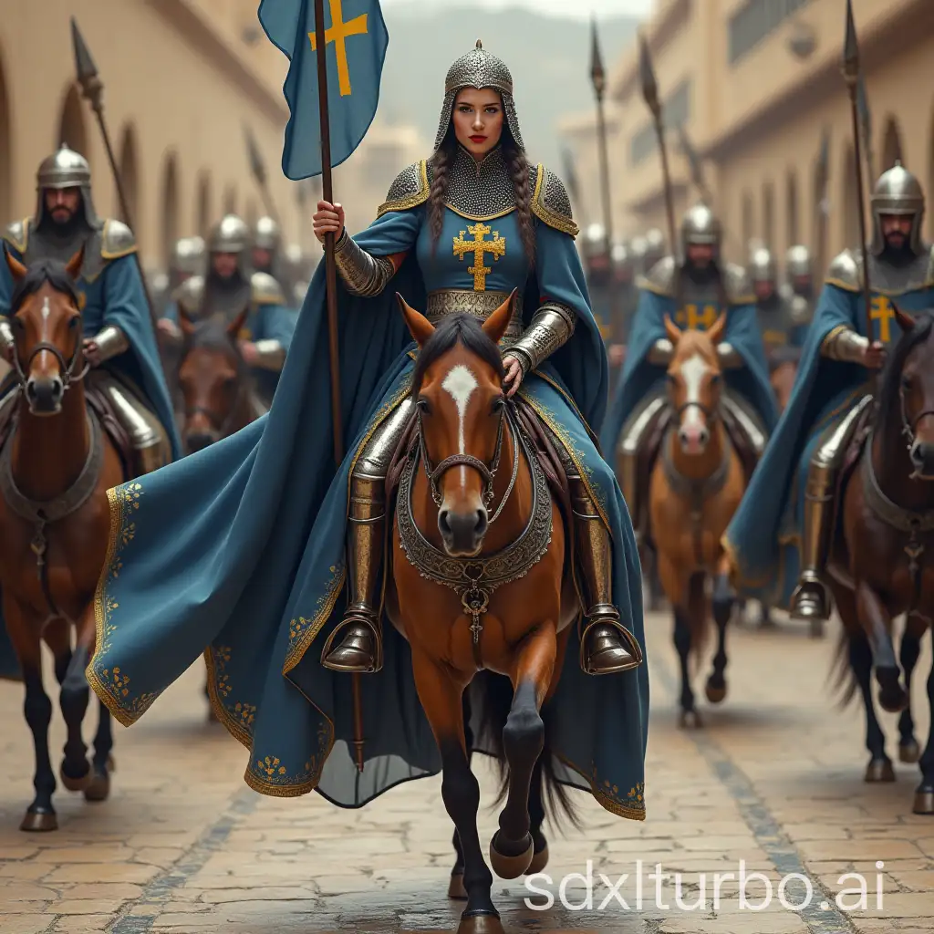 Sporty-Female-KnightQueen-Leading-a-Crusader-Army-in-a-Medieval-Market