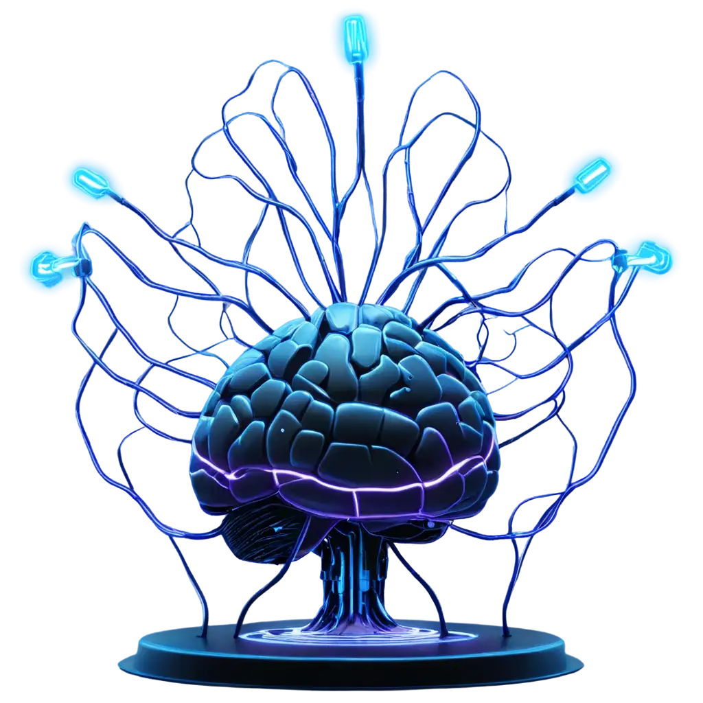 A large futuristic AI brain at the center, glowing with neon circuits and surrounded by a digital neural network. Each connection extends outward to symbolic icons representing different professions (e.g., stethoscope for doctor, gavel for judge, gear for engineer, book for teacher, code brackets for programmer, etc.). The design is robotic and high-tech, with a metallic and cyberpunk feel. The background is dark with glowing blue and purple hues, emphasizing a digital, connected world. PNG format, transparent background, ultra-detailed, symmetrical composition.