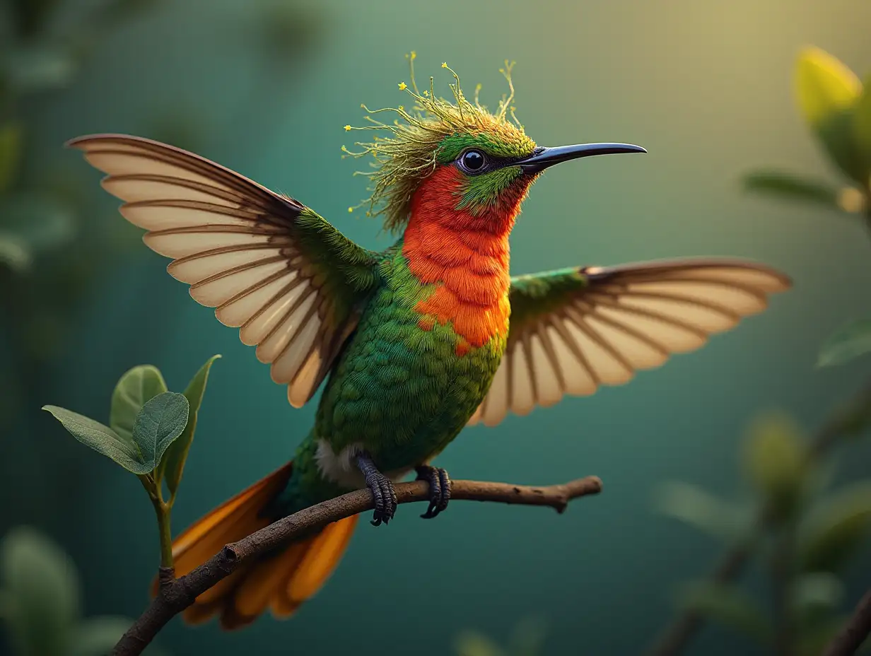 Create a surreal world hummingbird with parrot head