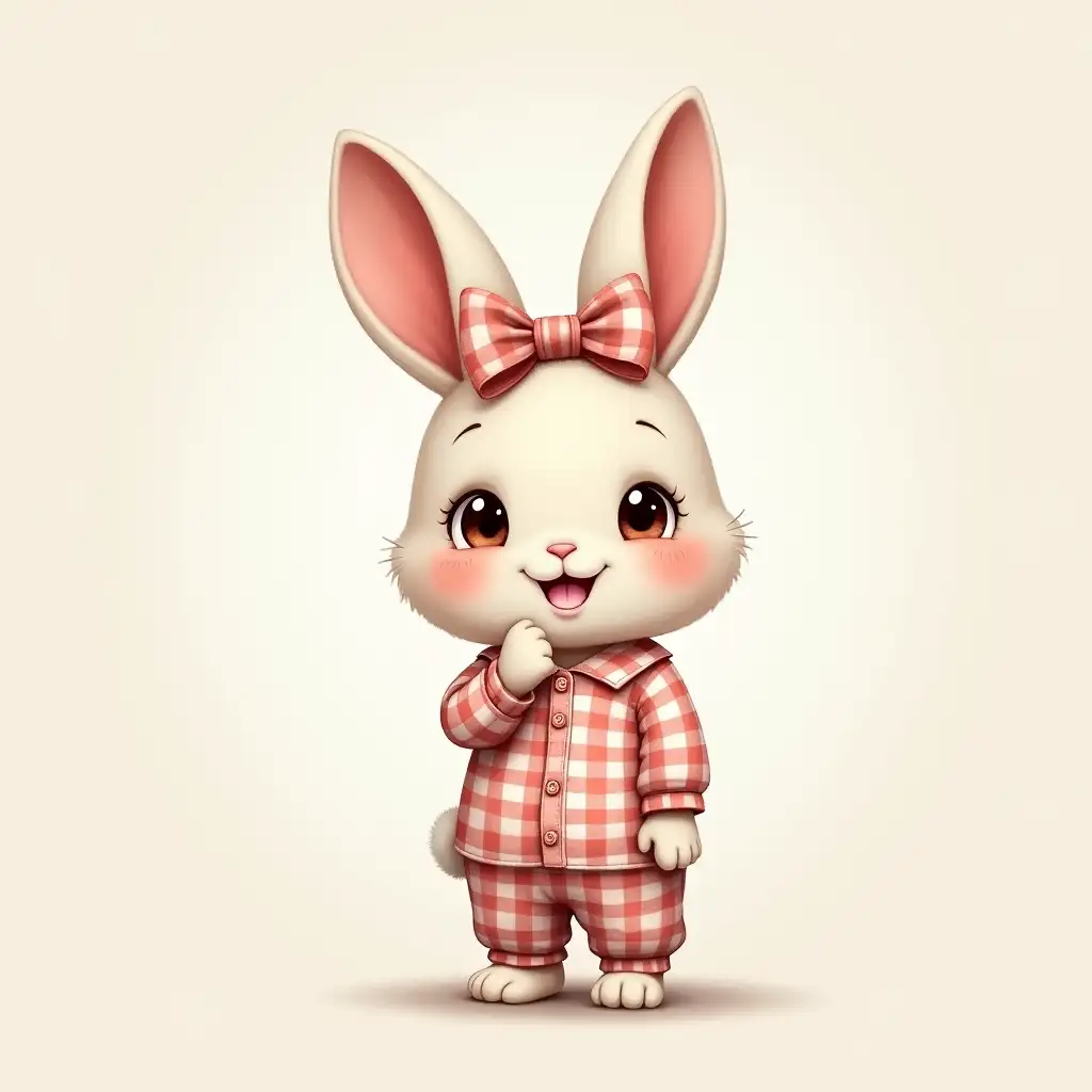 Very small and cute girl bunny in gingham pajamas and with the same bow, stands straight, smiling showing her first tooth. Painting in oil, watercolor, oil, high detail, 4k, bright colors, bedroom, cartoon