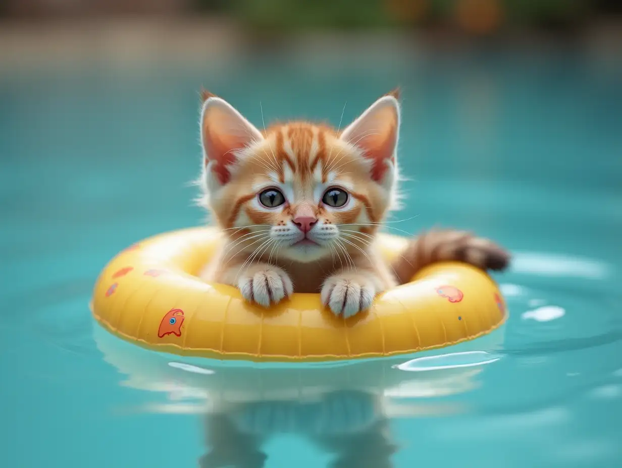 Kitten with a float floating in the water