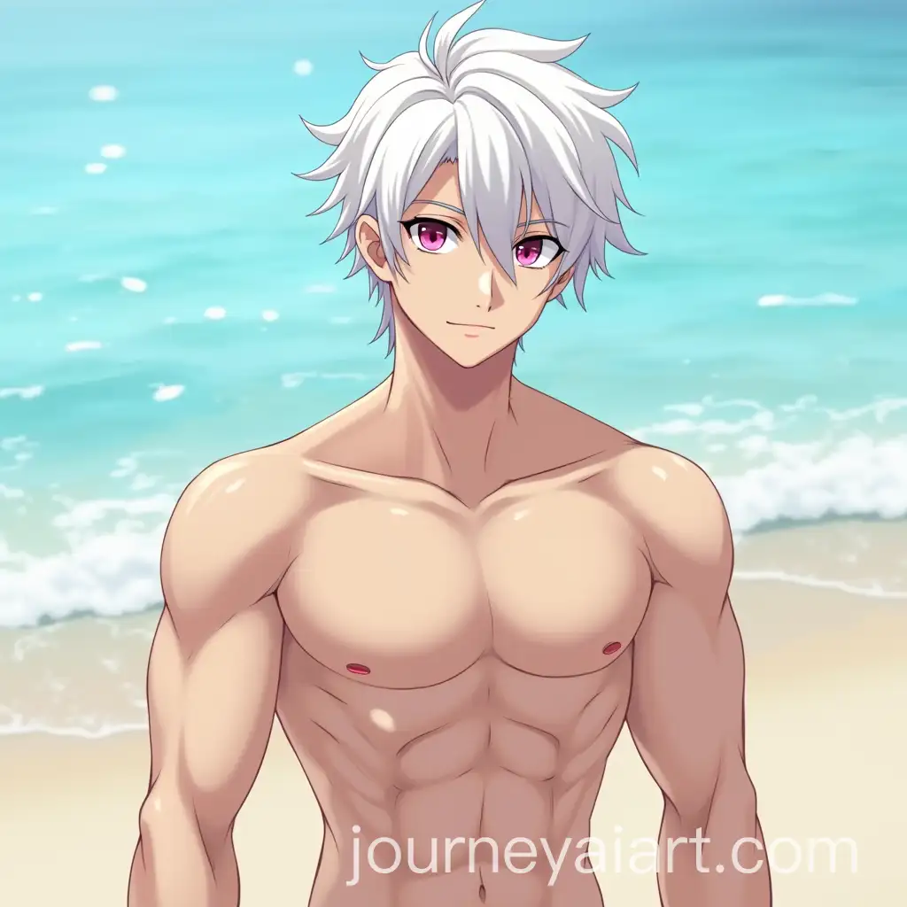 Anime-Male-with-White-Hair-and-Pink-EyesAI-Art-Prompt-Expansion-on-the-Beach-with-SixPack-Abs