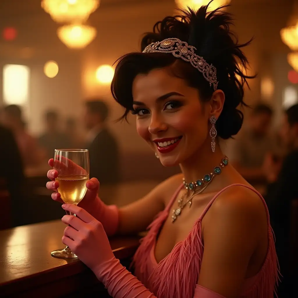 Closeup portrait of a sultry beautiful smiling young fashionista of the 1920s radiating confidence and self-control in the luxurious atmosphere of a smoky club, inspired by the novel The Great Gatsby. She's looking at the camera. Her extravagant pink sexy fringed dress shimmers in the warm golden light, she wears elbow-length gloves, wavy hairstyle, mysterious smile, elegant feather headband on her head, rich jewelry with sapphires and aquamarine, she sits at the bar with a glass of champagne in her hand. surrounded by soft velvety shadows of a luxurious retro bar with visitors, where every detail seems to whisper stories about a bygone era of glamour and excess. digital art, detailed hands, a masterpiece,